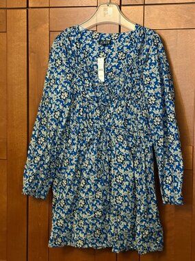 J Crew Blue Navy and White flowers design Sz L Cotton Dress NWT $98